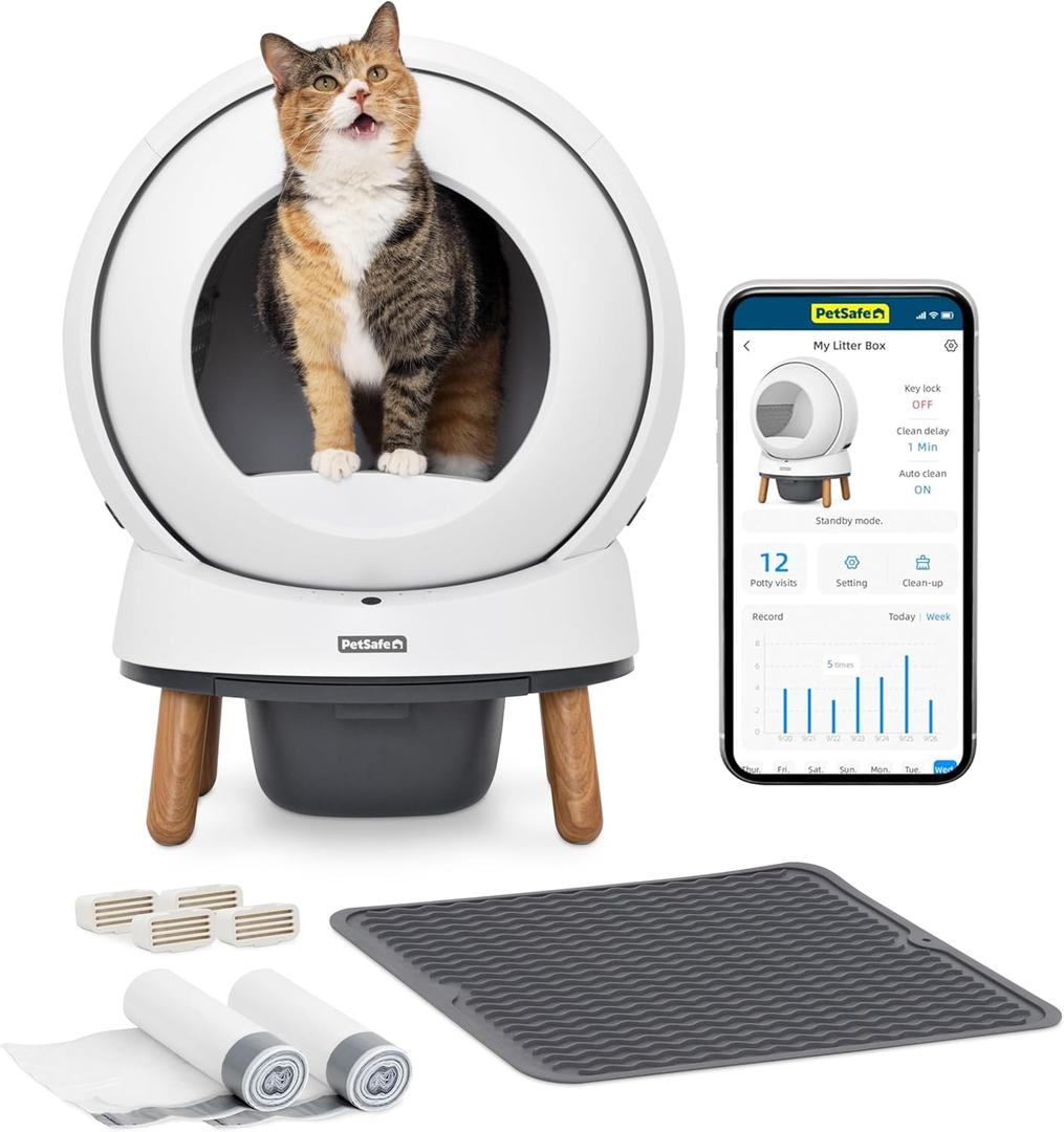 PetSafe ScoopFree SmartSpin Self-Cleaning Litter Box Bundle  Advanced Odor Control  App Controlled  Up to 2 Weeks of Hands-Free Cleaning  Includes Litter Mat, 50 Waste Bin Liners, 4 Deodorizers