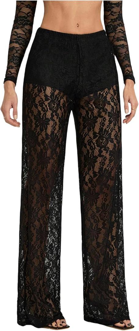 RoseSeek Women's Y2K Floral Lace See Through Pants Sheer Straight Leg Long Pants Club Wear (Black)