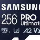 Samsung PRO Ultimate microSD Memory Card + Adapter, 256GB microSDXC, Up to 200 MB/s, 4K UHD, UHS-I, Class 10, U3,V30, A2 for GoPRO Action Cam, DJI Drone, Gaming, Phones, Tablets, MB-MY256SA/AM