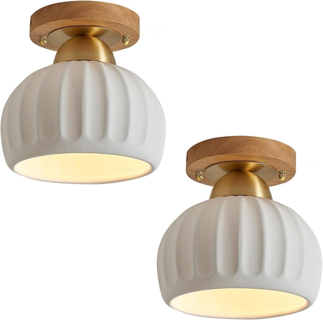 2 Pack White Ceramic Wood Brass Base Semi Flush Mount Ceiling Light Vintage Hallway Light Fixtures, Modern Small Flush Mount Ceiling Light Lamp for Hall Kitchen Entryway Passway Porch Foyer