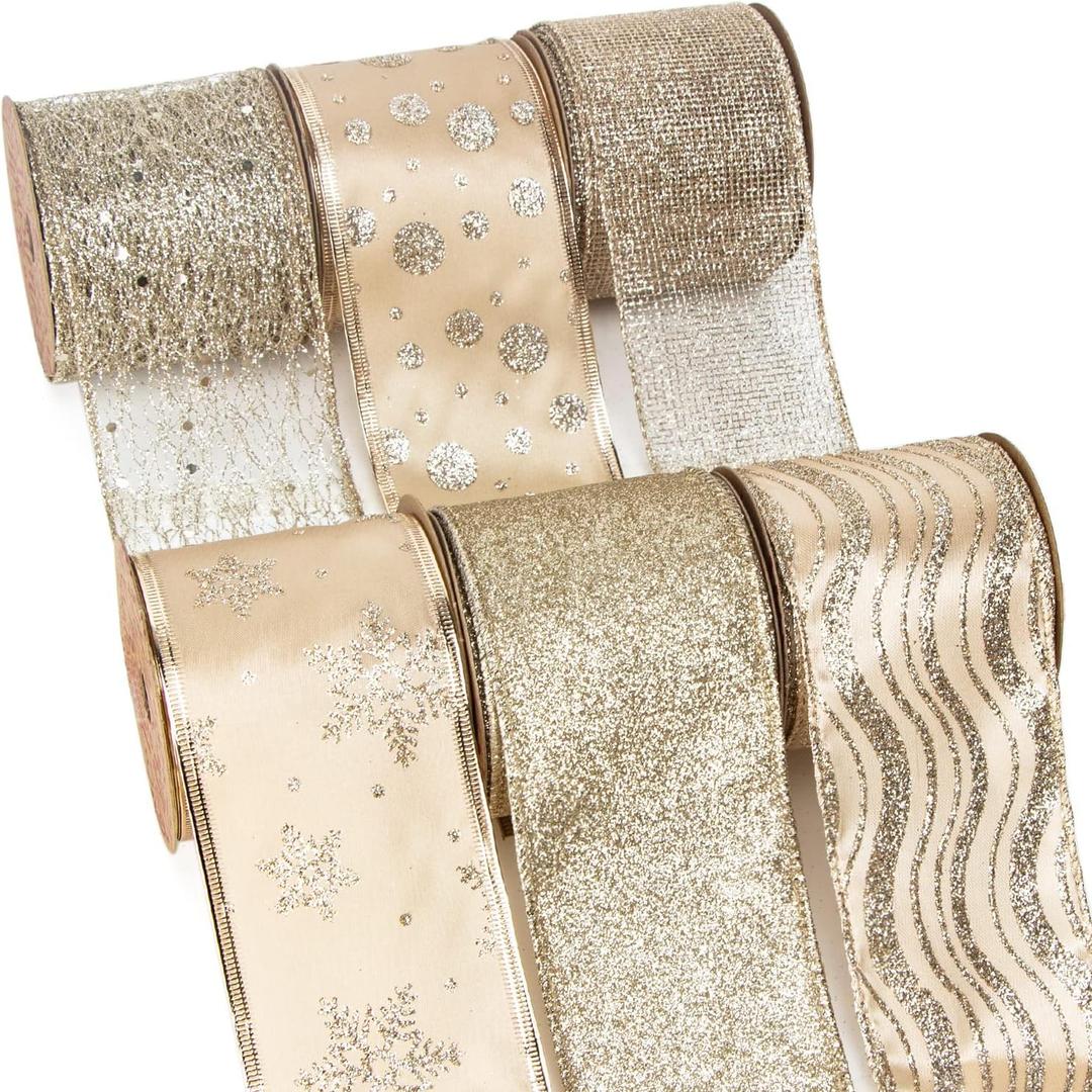 Ribbli Gold Glitter Christmas Ribbon - Wired, for Tree, Crafts, Gift Wrapping - 2.5 Inch x 6 Rolls, 36 Yards Total