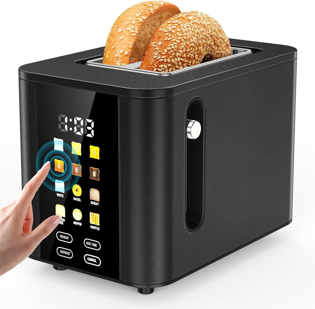 Touch Screen Toaster 2 Slice Black Toaster with Digital Countdown Wide Slot LCD Display 2 Slice Toasters Smart Toasters 6 Shade Settings 6 Bread Type with Reheat/Add Time/Defrost/Cancel Function
