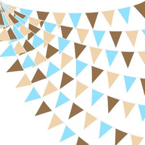 32Ft Brown Blue Party Decorations Brown Blue Pennant Banner Fabric Triangle Flag Bunting Garland Streamers for Teddy Bear Safari Wild Baby Shower Gender Reveal Birthday Theme Party Decor
