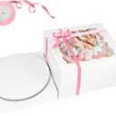 qiqee White 10x10x8 Cake Box, 4 Sets Cake Box with Window 4 Sets 10" Cake Round Boards, 10inch Cake Containers, 10 Meters Pink Silk Ribbon Includes