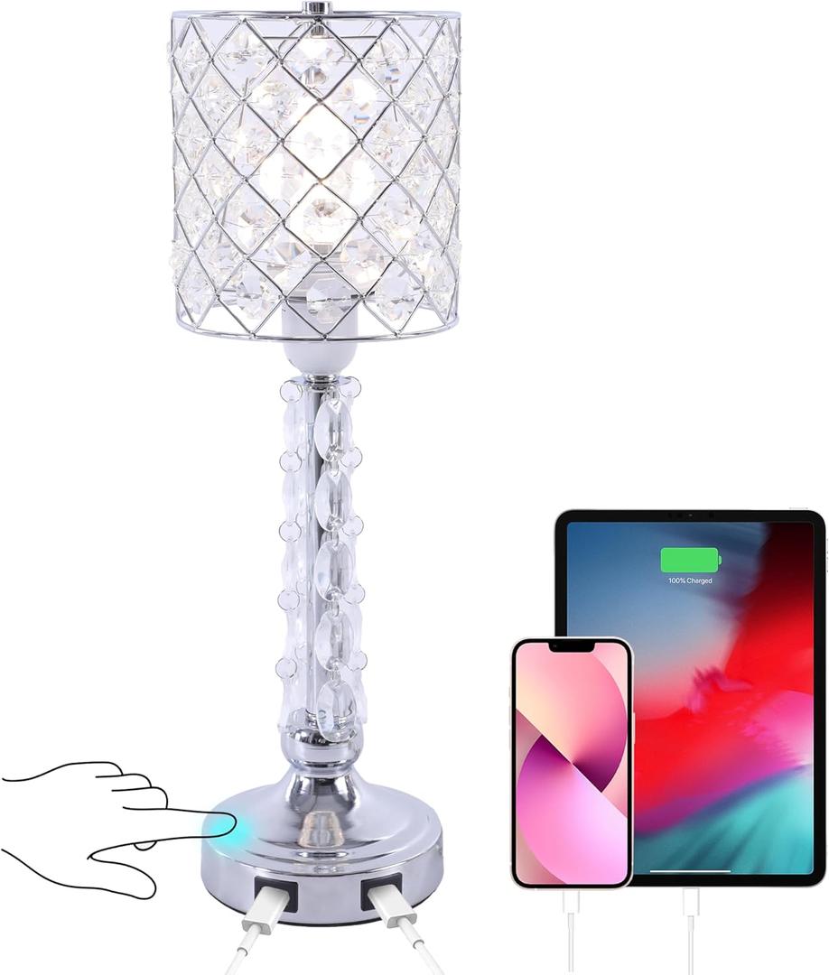 Crystal Table Lamp with Dual USB Charging Ports,Touch Control Sliver Lamp for Night Stand,3 Way Dimmable Small Desk Lamp for Bedroom, Living Room (Silver)