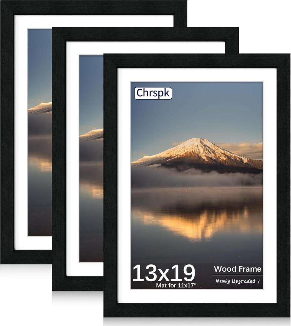 13X19 Poster Frame, Display Pictures 11X17 with Mat or 13X19 Without, Wall Hanging Frames, Black, 3 Pack
