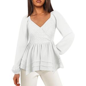 Angashion Women Tops Long Sleeve V Neck Peplum Blouse Dressy Casual Flowy Ruffle Babydoll Shirts (White)