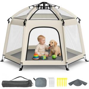 Foldable Baby Playpen with Canopy: Durable 450D Oxford & Aluminum, Beige | Pop-Up Play Tent, Easy Setup, UPF50 Sun Protection, Lightweight, Mosquito Net, for Beach Travel Outside Indoor, for Kid & Pet