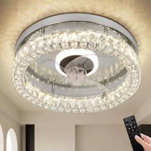 CLAIRDAI Crystal Ceiling Fans with Lights Flush Mount Ceiling Fan with Remotel Control Dimmable Fandelier Modern LED Low Profile Ceiling Fan Light (Chrome)