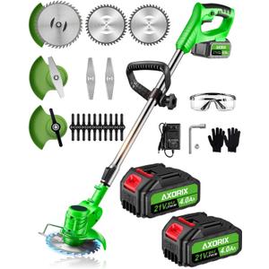 Electric Weed Wacker Cordless, 21V Weed Cordless Eater Battery Powered, with 2Pcs 4.0Ah Batteries, Stringless Brush Cutter, Lightweight Foldable Grass Trimmer, 3 Types Blades, Green