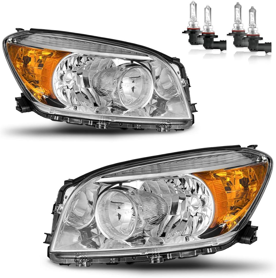Headlights Assembly for 2006 2007 2008 Toyota RAV4 Halogen Headlamp Replacement, High/Low Beam W/Bulbs, Driver & Passenger Side