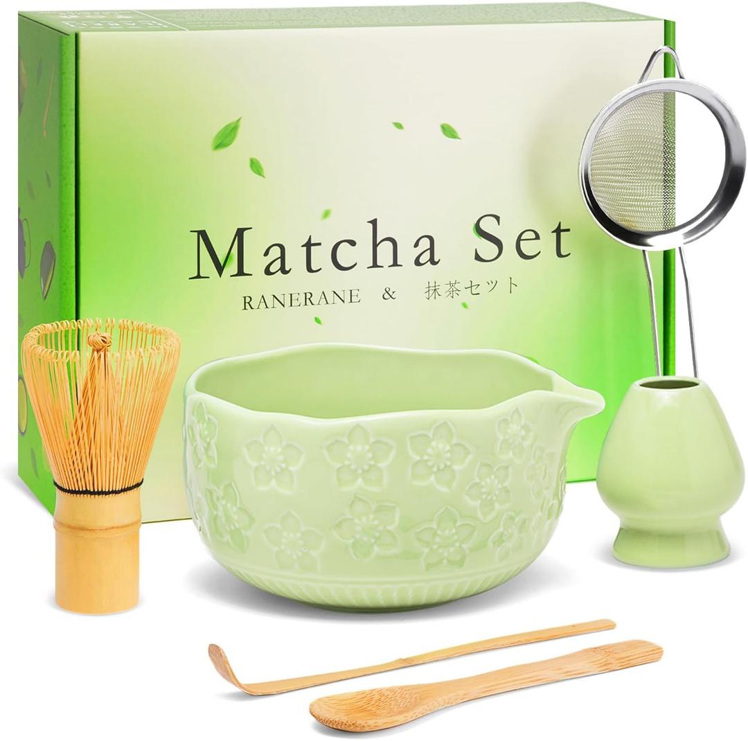 2 x Matcha Whisk Set, Sakura Green Ceramic Matcha Set Includes Matcha Bowl, Matcha Whisk (Chasen) and Holder, Sifter, Bamboo Scoop & Spoon - 6 Pcs Matcha Kit for Matcha Lovers