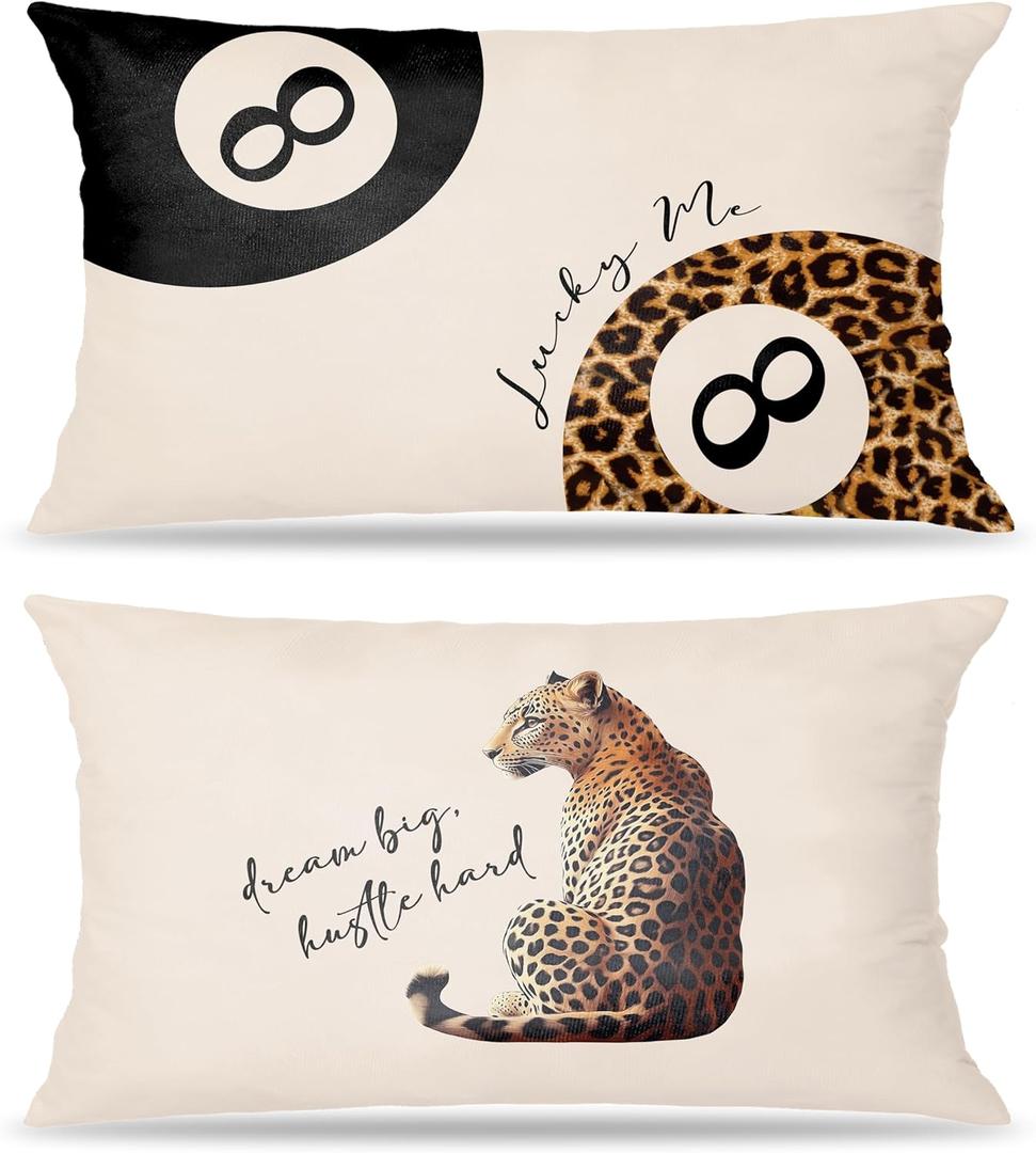 Leopard Cheetah Throw Pillow Covers 12x20 Set of 2,Preppy Lucky 8 Ball Cheetah Lumbar Throw Pillow Covers,Trendy Preppy Leopard Throw Pillow Covers for Girls Room College Dorm Home Room Decor