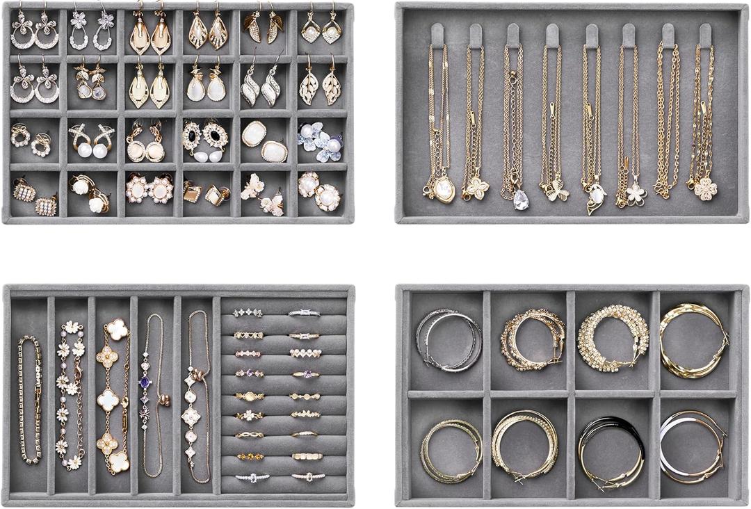 Velvet Jewelry Drawer Organizer Trays Grey Stackable Jewelry Storage Inserts Set, 4-Layer Jewelry Tray Set for Earrings, Rings, Necklaces, Bracelets with Removable Dividers for Dresser & Vanity