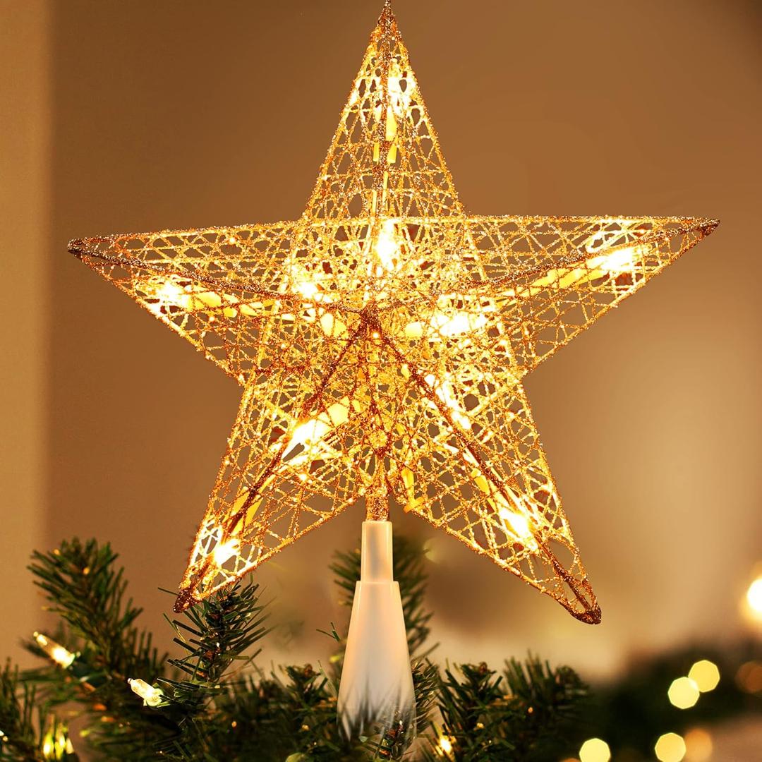 Brizled Gold Christmas Tree Topper, 9 Hollow-Out Star Tree Topper with 10 Warm White Lights, Pre-lit 5 Point Star Treetop, 120V UL Listed Lighted Treetop for Christmas Tree Home Decoration