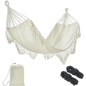 JoyView Boho Macrame Single Hammock with Hanging Ropes & Elegant Tassels 78.8x39.4 Portable Cotton Hammock for Patio Backyard Porch 300LBS Weight Capacity Perfect for Outdoor/Indoor - Beige Color