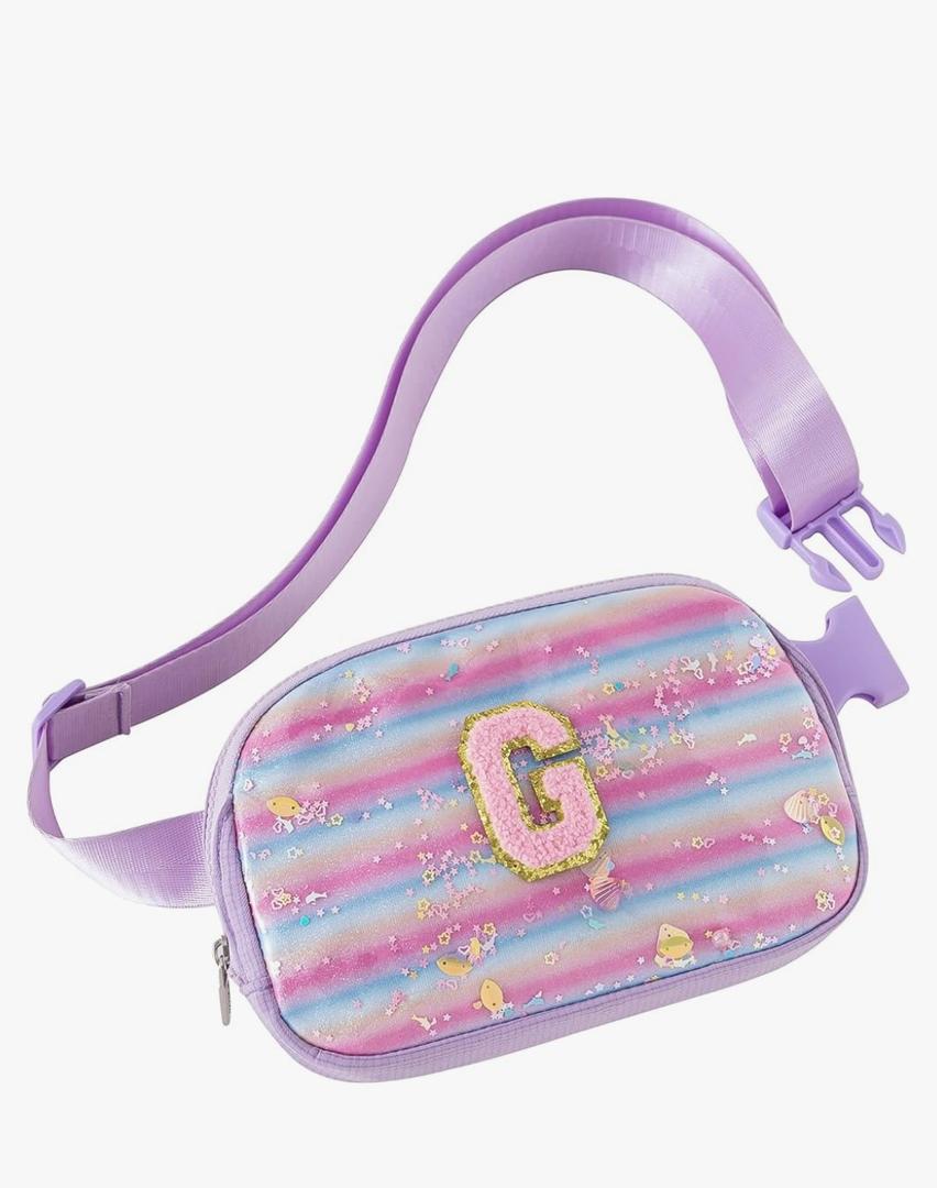 Fanny Pack for Girls,Birthday Easter Gifts,Chenille Initial Letter Girls Crossbody Bag,Preppy Teen Belt Bag for Graduation Travel Gifts,Cute Sequin Trendy Stuff. (G, Purple)