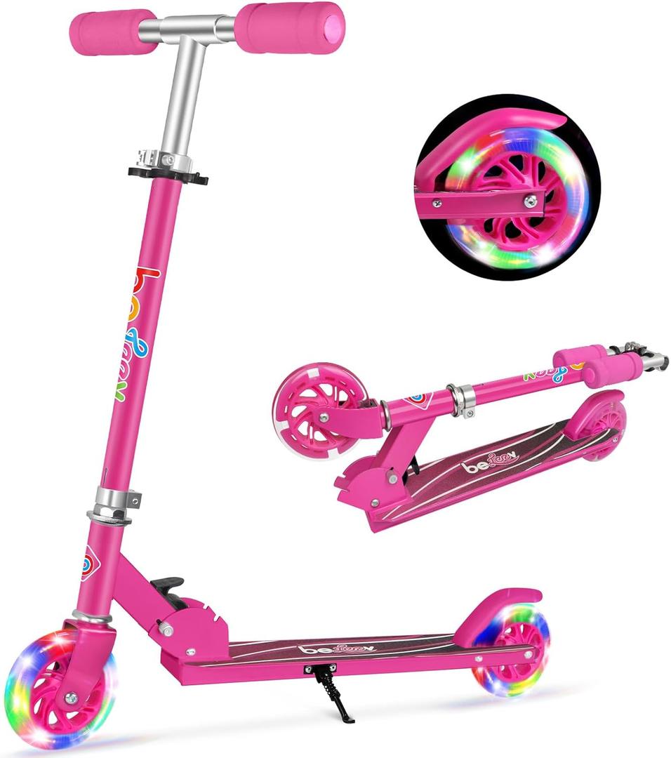 BELEEV V1 Scooters for Kids, 2 Wheel Folding Kick Scooter for Girls Boys, 3 Adjustable Height, Light Up Wheels, Lightweight Scooter with Sturdy Frame, Kickstand for Children 3 to 12 Years Old (Hot Pink)