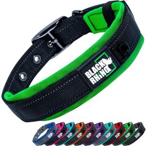 Black Rhino Dog Collar for Large Dogs - Adjustable Reflective Heavy Duty Dog Collars with Ultra-Soft Neoprene Padding - Weatherproof, Durable, and Comfortable for Active Dogs - Green and Black
