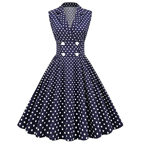Women Vintage Polka Dot Retro Swing Dress 50s Style Dresses Sleeveless Swing Dresses for Party Evening Dress Audrey Hepburn Dress Cocktail Work Casual Theme Party Homecoming Navy Blue Polka Dot L