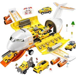 TEMI Toddler Airplane Toys for 3 Year Old, Toy Airplane for Boys Age 4-7, Large Spray Transport Airplane Toy with 12 Construction Vehicles, Toys for 3 4 5 6 7 8 Years Old (Lemon Yellow)