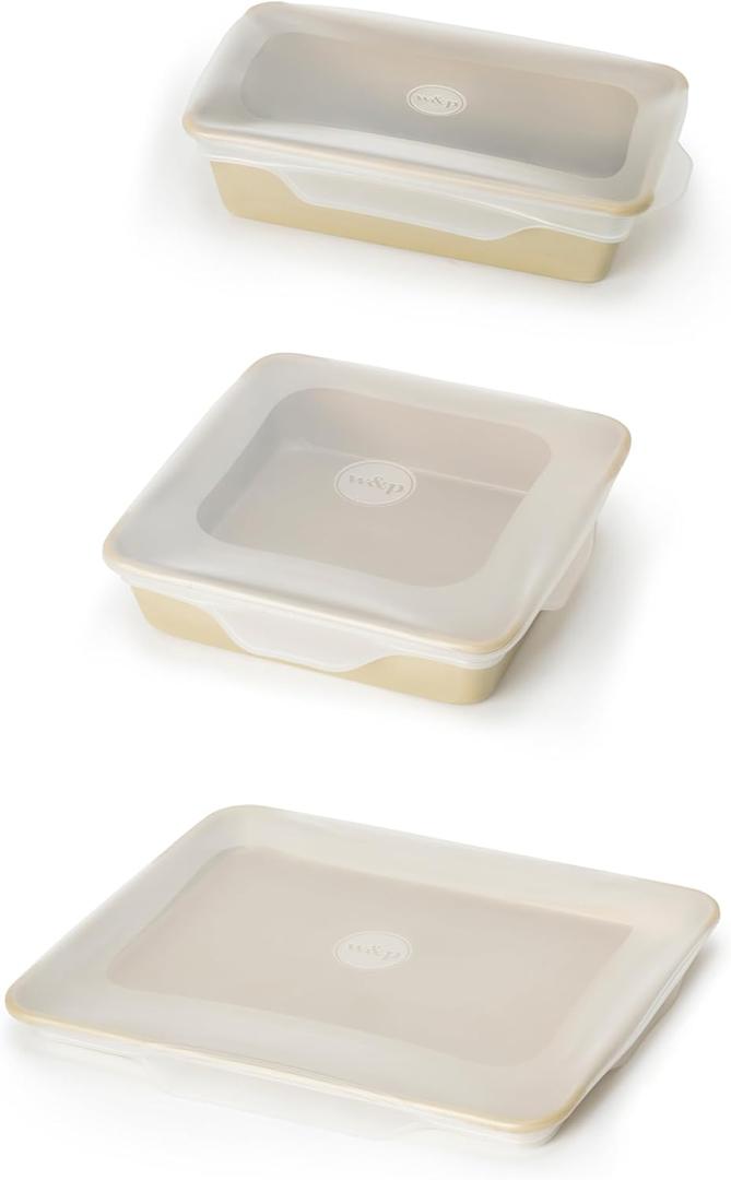 W&P Reusable Silicone Stretch Lid, Set of 3 Casserole (9x13), Brownie (8x8), Loaf (5 x 9), Dishwasher Safe, Freezer Safe, LFGB/Premium Materials, Microwave Safe, Clear