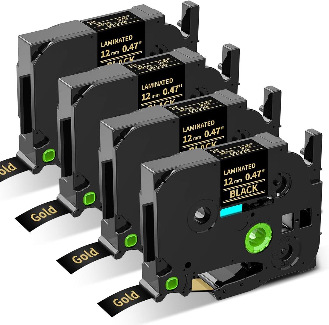 Replacement for Brother P Touch Label Tape Gold on Black TZe-334 TZe334 TZe TZ Tape 12mm 0.47 Laminated, Compatible with PT-D210 PT-D220 PT-H110 PT-D400 PT-D410 PT-D600, 1/2 in x 26.2 ft, 4-Pack