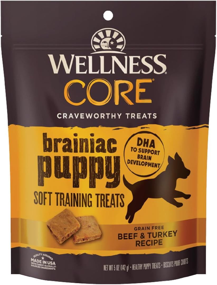 Wellness CORE Brainiac Soft Puppy Training Treats, Natural, Grain Free, Beef and Turkey Recipe, 5 oz Bag (EXP 09/04/27)