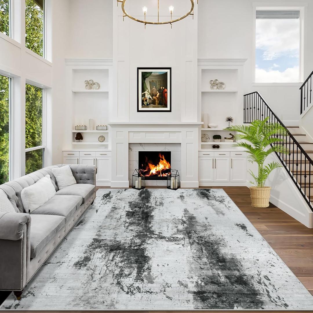 9x12 Area Rugs Washable Rug: Modern Abstract Living Room Rug Soft Anti-Skid Thin Carpet Indoor Floor Non-Shedding Carpets for Bedroom Dining Room Farmhouse Nursery Home Office Black White Grey