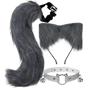 Cat Ears and Tail,Wolf Fox Ears Long Tail and Bell Lace Choker Set for Halloween,Animal Cosplay Party Costume (Grey)