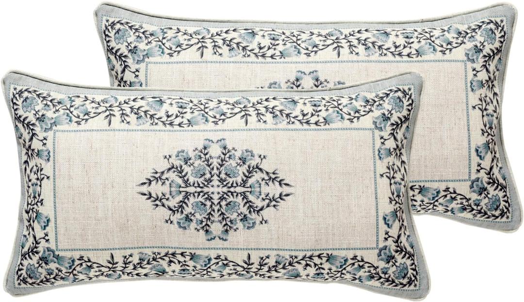 ISAENNE Design Linen Rectangle Throw Pillow Covers 12"x20" Pack of 2, Cottage Farmhouse Cushion Covers with Thorn Vine Pattern Decoration Pillowcases for Bed, Living Room, Outdoor, Car, Segerman 