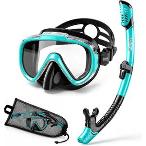 Aegend Snorkeling Gear for Adult Kids, Snorkel Set with Raised Nose Cover | Dry Snorkel Anti-Fog with Mesh Bag, HD View Anti-Leak for Scuba Diving