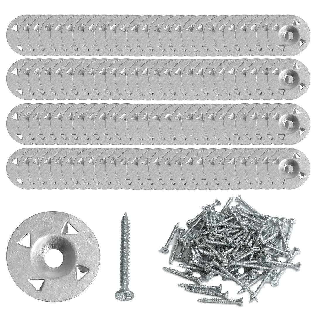 200 Pcs Foam Board Fasteners Kit, Foam Board Fasteners Washers Installation, 1-1/8 Inch Metal Washers and Stainless Steel Screws for Fixing Fastening Installation, Fastener Kit Board Hardware Set
