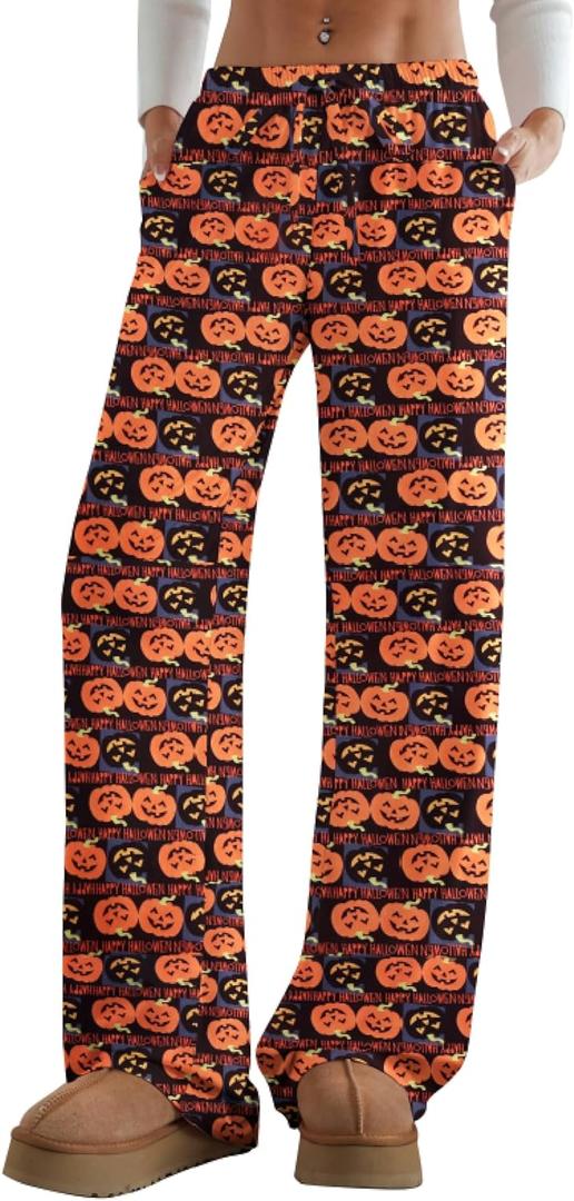 Aoulaydo Women's Wide Leg Lounge Pants Low Rise Baggy Pajama Bottoms with Pockets Y2K Pjs Bottoms (Orange, XXL)