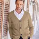 COOFANDY Men's Cardigan Sweater Cable Knit V Neck Button up Sweaters Ribbed Cardigan Sweater with Pockets (Beige, L)