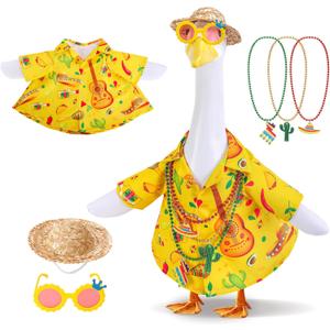 6 Pcs/Set Hawaiian Porch Goose Outfits, Mexican Style Summer Lawn Goose Costume, Garden Goose Clothes Yellow Shirt with Straw Hat Glasses Necklaces for 23" H Statue Outdoor Patio Yard Decor