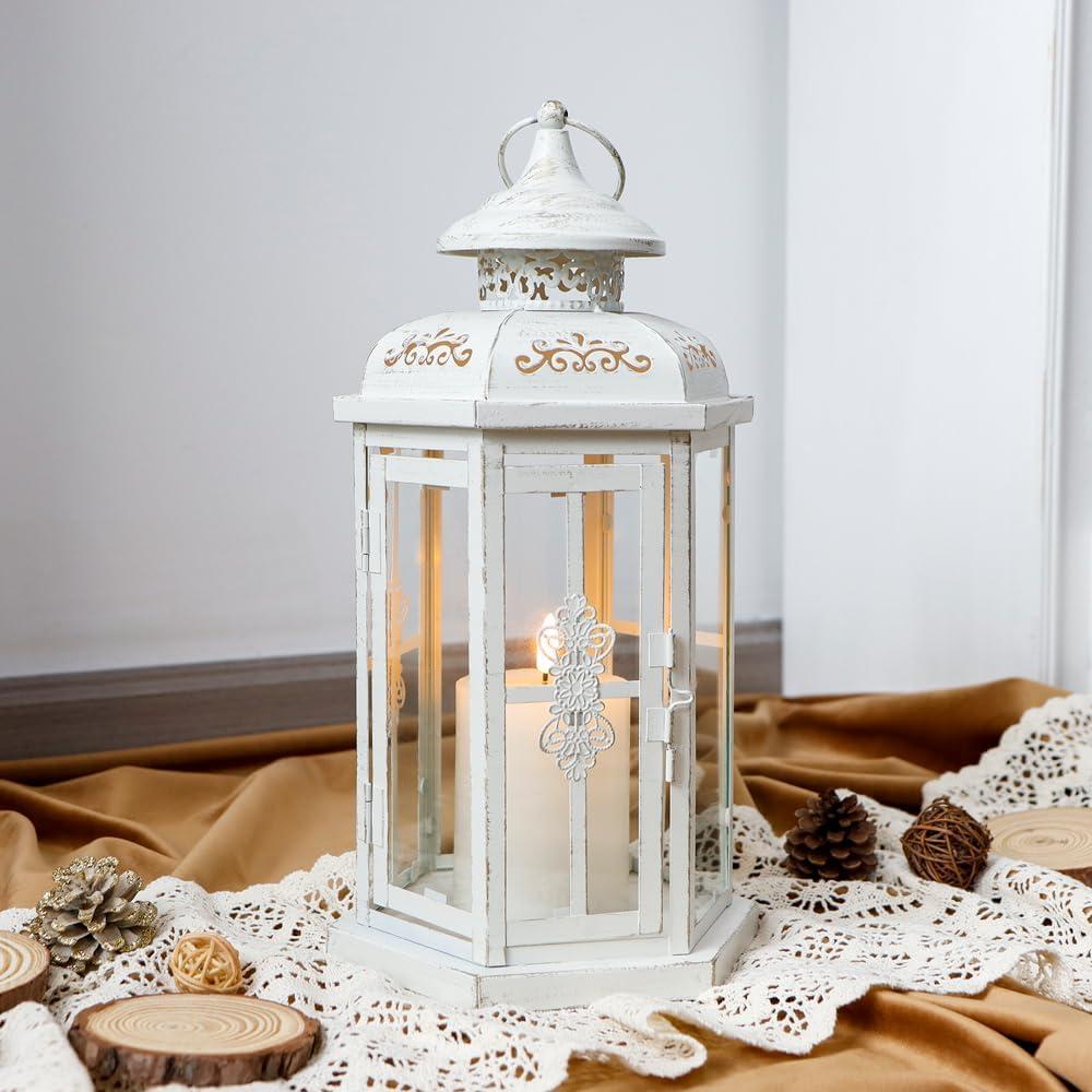 JHY DESIGN Rustic Decorative Lanterns 12" H Medium Candle Lantern Vintage Metal Candle Holder for Indoor Outdoor, Events, Parities, Patio and Wedding(White with Gold Brush)