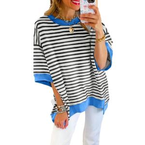 SHEWIN Womens Tops Casual Short Sleeve Sweatshirt Crewneck Striped Shirt Pullover T Shirts Loose Blouses, Medium, Black Stripe