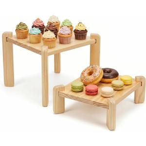 2Pack Solid Pine Wooden Display Risers,Dessert Stands for Cup Cake or Food, Riser Display Stand for Perfume Collectibles, Tiered Shelf Organizer for Market Retail Vendors