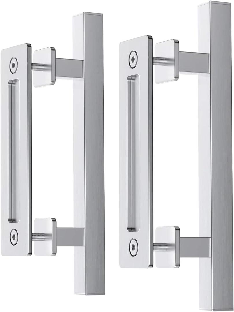 EaseLife 12" Stainless Steel Sliding Barn Door Pull Handle with Flush Hardware Set,Double Sided,Brushed Finish,Anti-Rust Anti-Corrosion,Easy Install,Square,2 Pack (Silver)