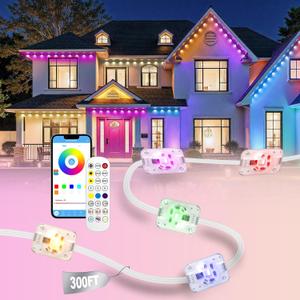 Permanent Outdoor Lights for House, 300ft RGB+IC Smart LED Eaves Lights, IP67 Waterproof Outdoor Lighting with App/Remote Control for Christmas, New Year, Halloween, Holiday, Party, Daily