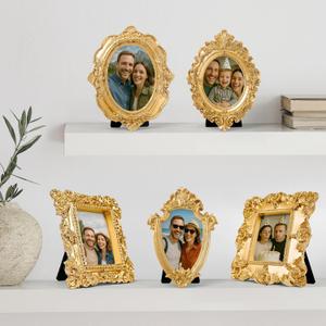 97 Decor Small Gold Picture Frames Set - 5 Pcs Vintage Mini Picture Frames Gold, Oval Rectangle Baroque Gallery Wall Frame Pack, Assorted Vintage Frame Set For Wall Decor (With Backing, Without Glass)