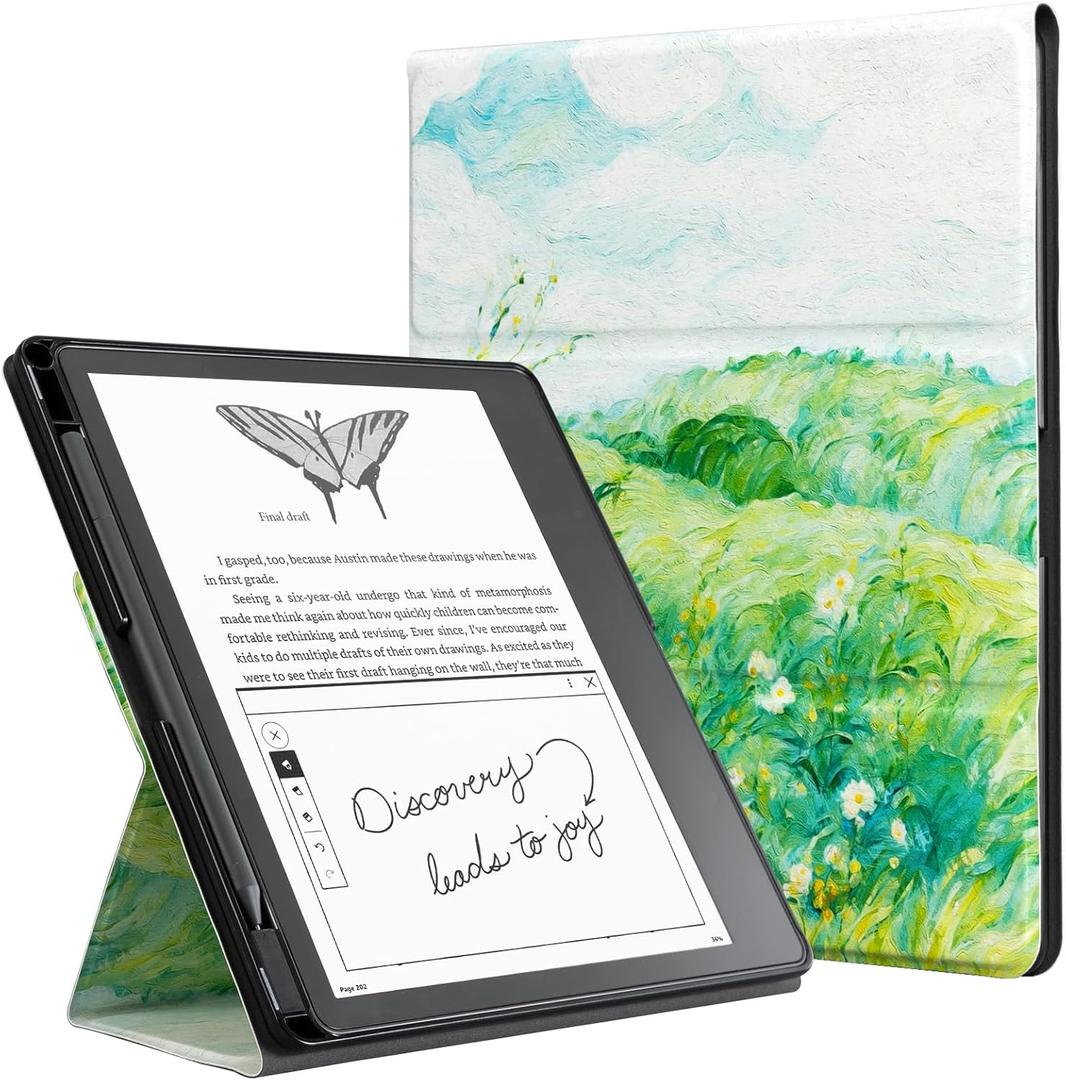 CoBak Stand Case for Kindle Scribe - Premium Folio Leather Cover with Pen Holder, Auto Sleep/Wake - Compatible with 10.2 Inch Kindle Scribe (2022/2024 Release) (Green Wheat Field)