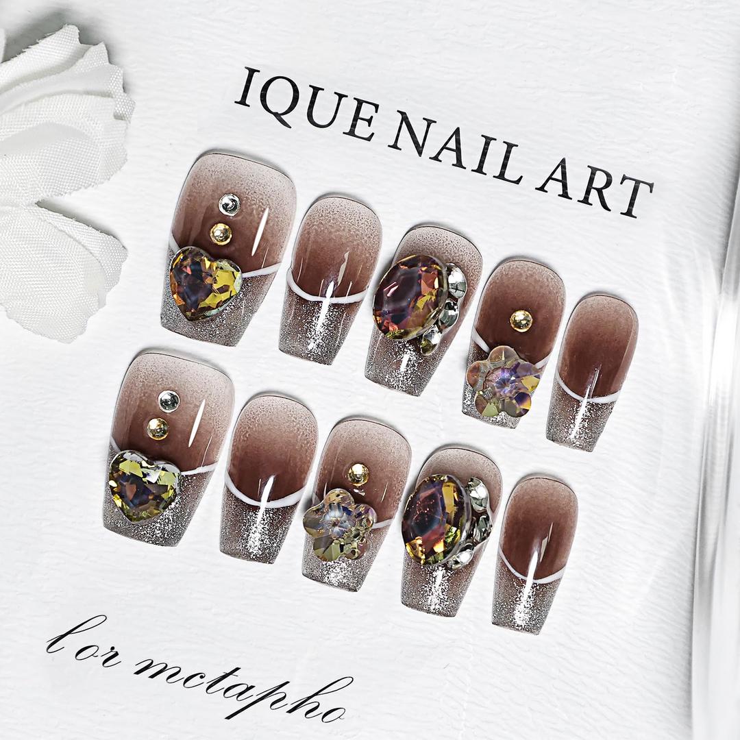 2 x JODSONE Press on Nails Gold Square Cat Eye Handmade 3D Fake Nail Tips Reuseable Fashionable Design Long Lasting Fit Easy to Create Exquisite Fingertips- Medium