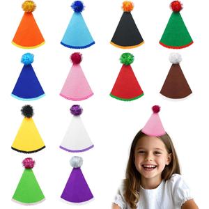 12 Pcs Party Hats for Kids Adults Stuffed Toys Reusable Felt Party Hats with Pom Poms Tiny Cone Birthday DIY Hat (Small)
