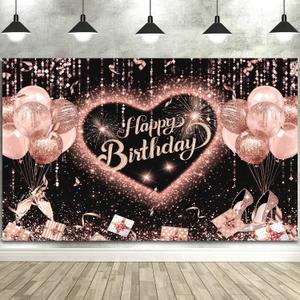 Happy Birthday Backdrop Banner, Glitter Pink Ballons Champagne Women High Heels Sweet Love Heart Happy Birthday Photography Background Sweet Girls Birthday Party Banner Decorations, 72 x 44In