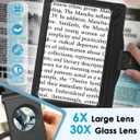 30X 6X Rechargeable Magnifying Glass for Reading, Large Full Page Magnifier with Folding Stand, 3 Color Light Modes, Dimmable LED Lighted, Hands Free Book Magnifier for Fine Prints Low Vision Seniors