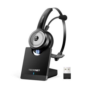 TECKNET Wireless Headset for Work, 40Hrs Worktime AI Noise Cancelling Computer Headphones with Charging Base, Bluetooth Headset with Mic & USB Dongle for PC/Laptop/Call Center