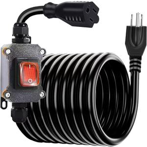 4.9ft Extension Cord with Waterproof Switch,14AWG 3 Pin Outdoor Heavy Duty AC 20A-125V,16A-250V Waterproof Lighting Extension Cord with Built in Red Switch Ground Receptacle 3 Plug