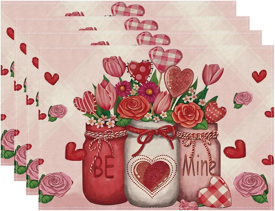 XCHI Roses Flowers Love Hearts Vase Valentines Day Placemats Set of 4 Table Mats for Party Home Kitchen Dining Table Decorations 12x18 Inch